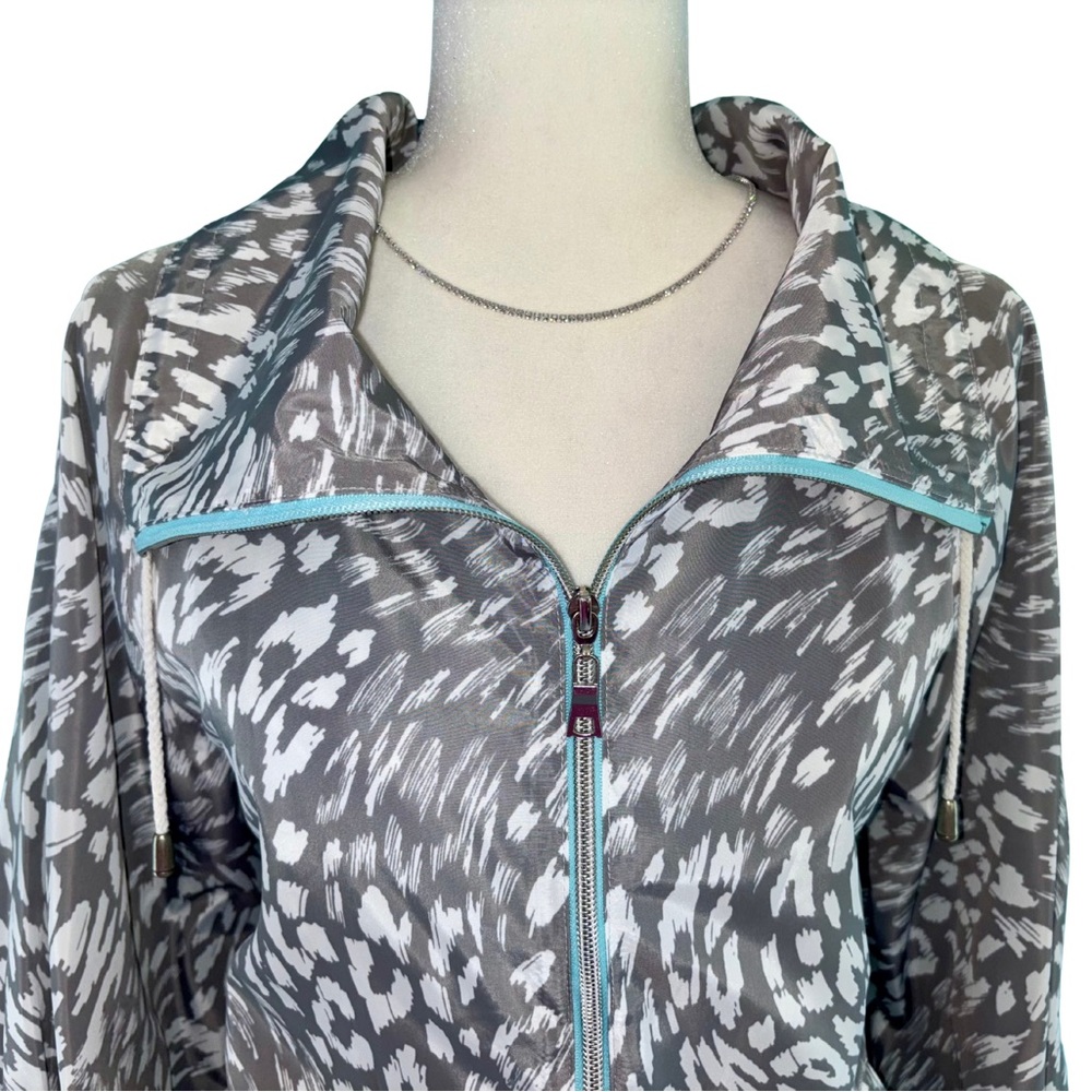 Ruby Rd. Women’s Gray White Lightweight Printed Zip-Up Jacket Blue Trim Size M